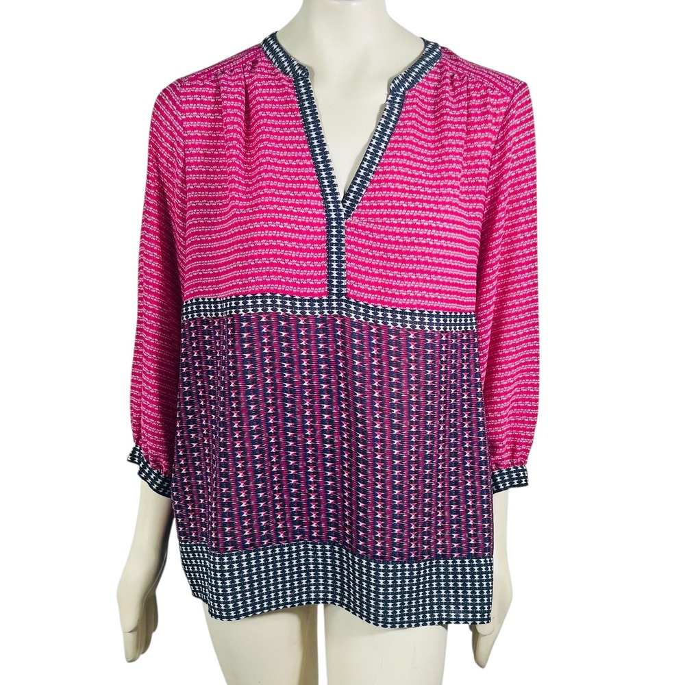 Willi Smith Blouse Pink Blue V Neck Qtr Sleeve‎ XL Lightweight Career Workwear